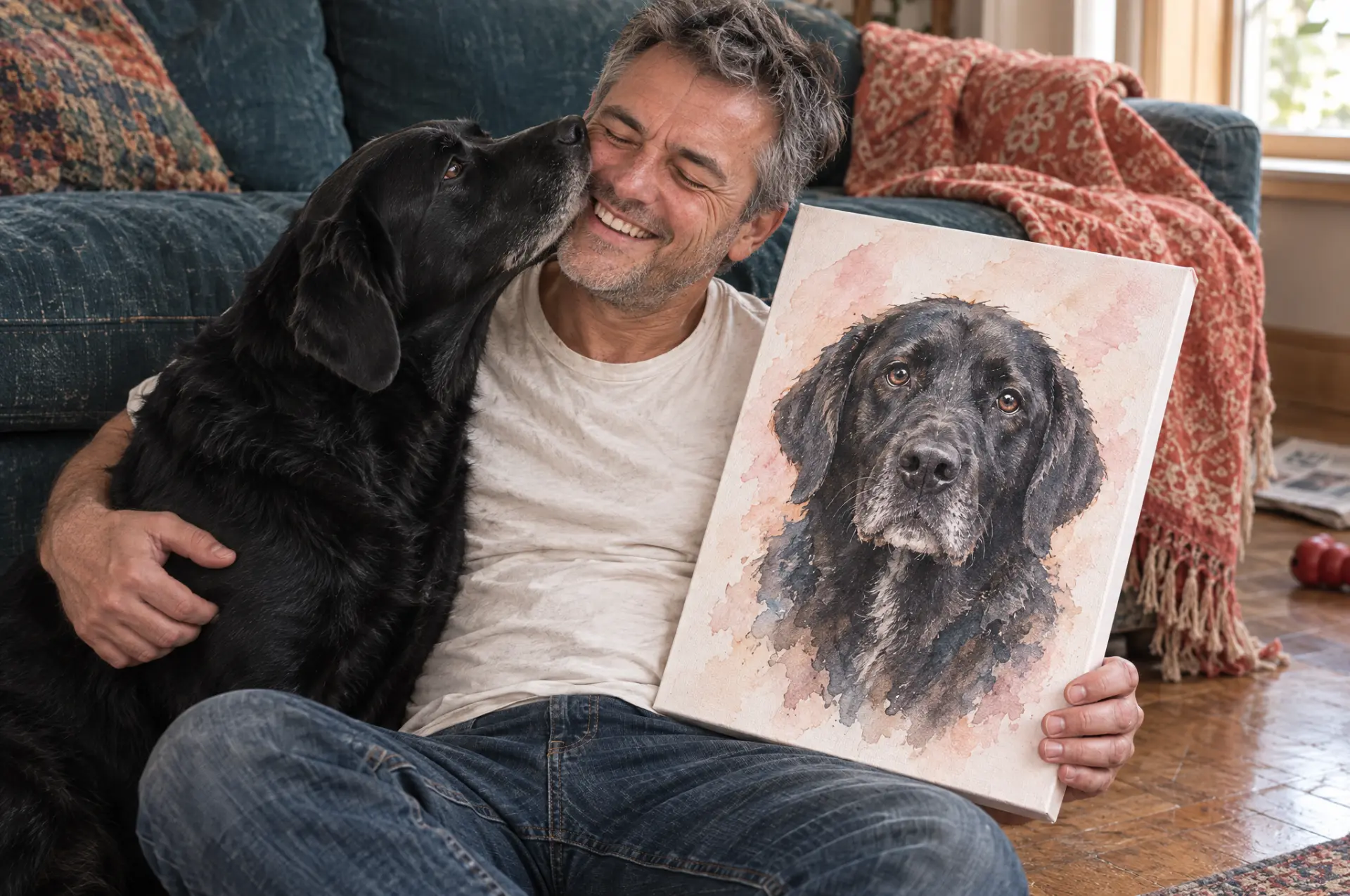 An owner with his dog and its portrait on canvas