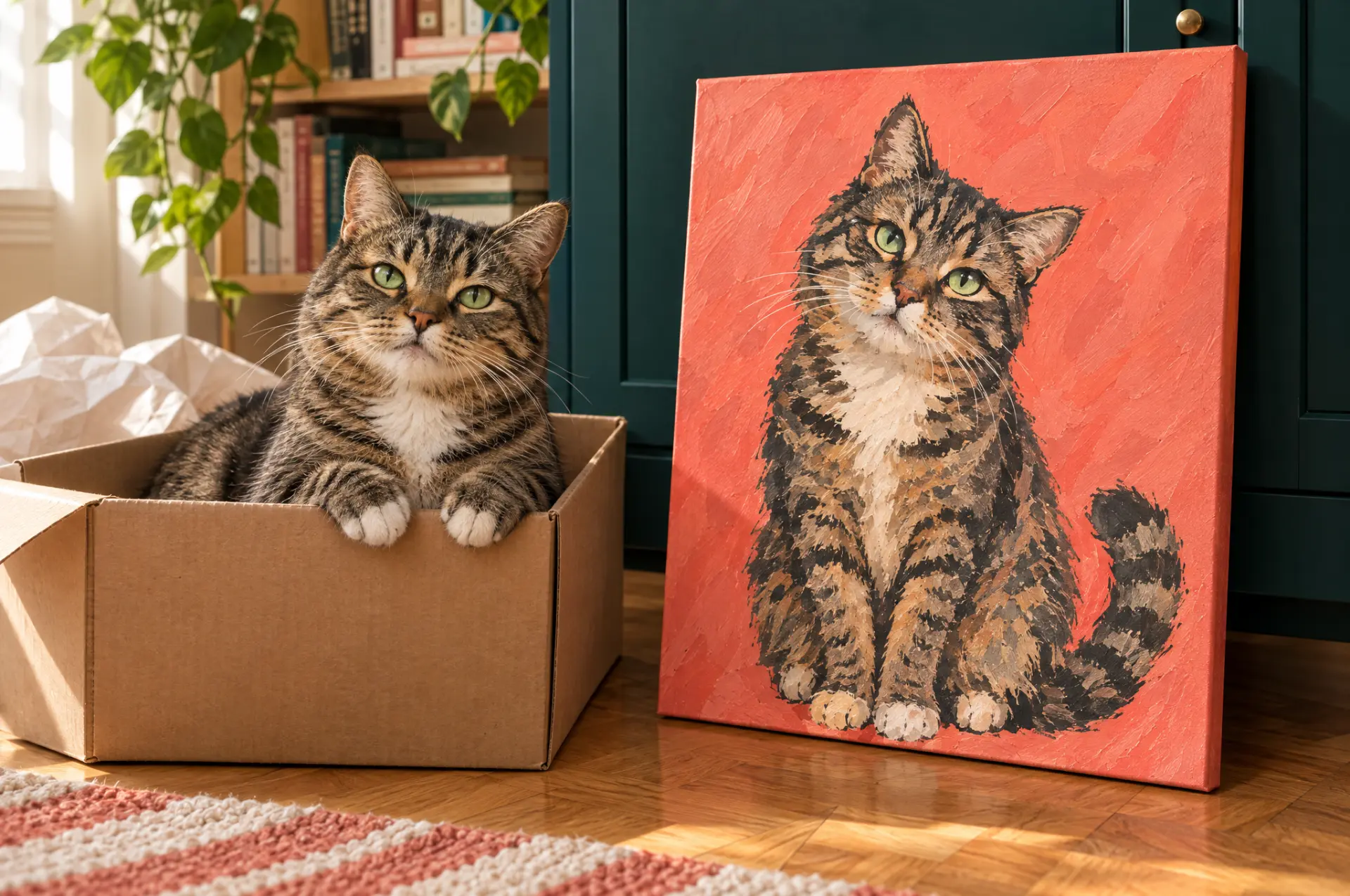 A cat beside its portrait on a coral background